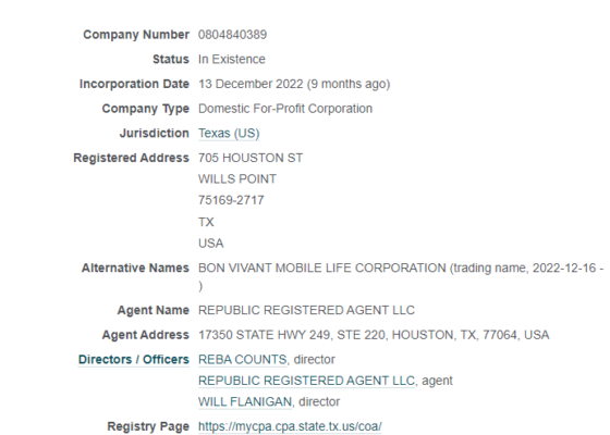 Reba Counts listed as director of Bon Viviant